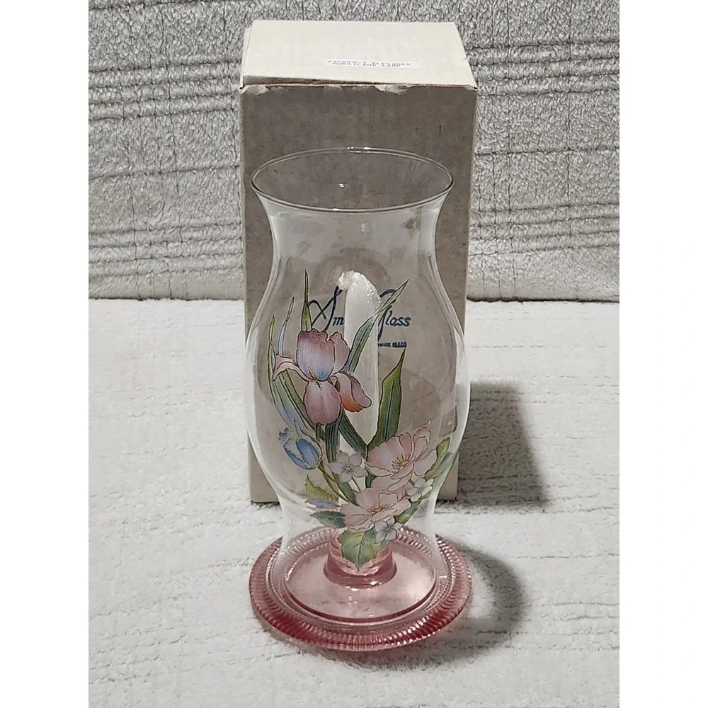 Vintage Smith Hand‎ Crafted Glass Floral Hurricane Candlestick Holder Pink Base